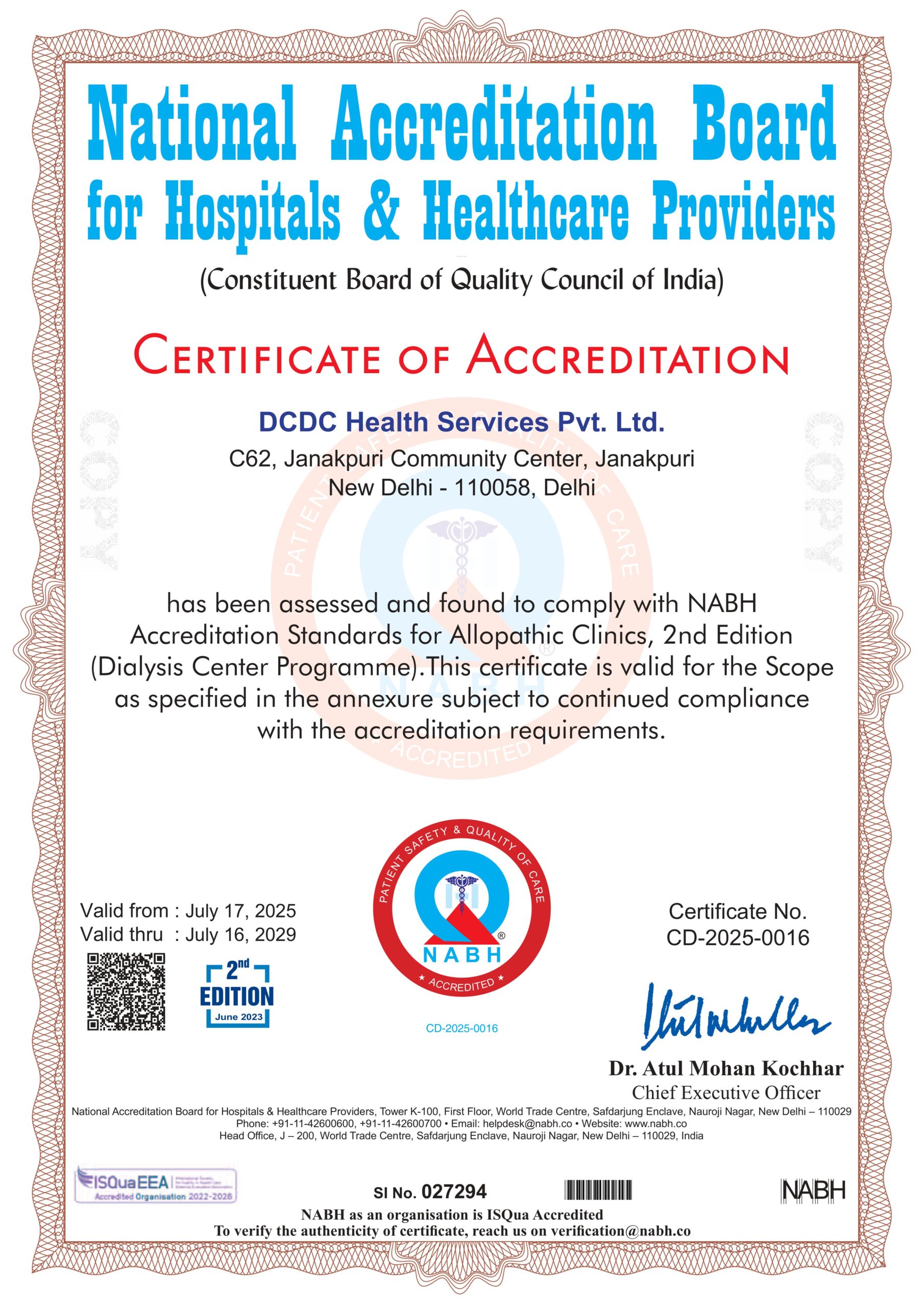 NABH Certificate - DCDC Janakpuri