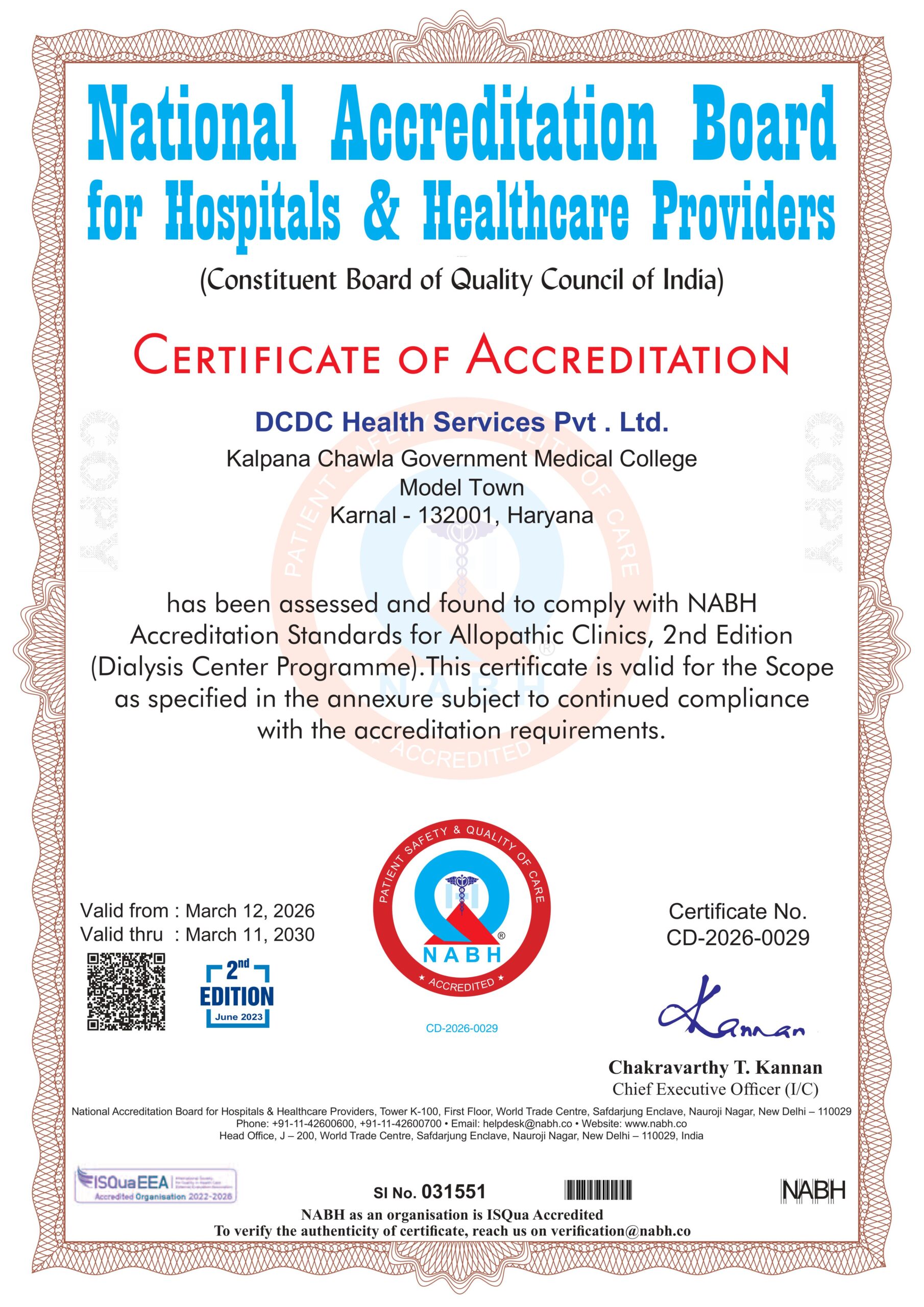 NABH Certificate - DCDC KCGMC Karnal